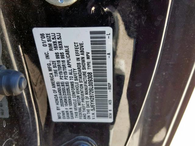 5J6YH28726L009308 - 2006 HONDA ELEMENT EX BLACK photo 10