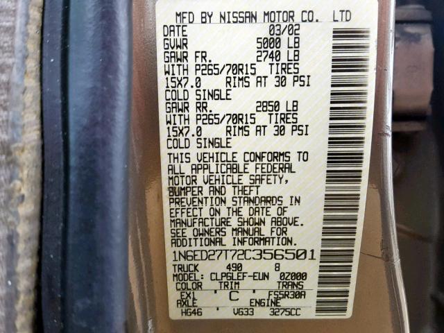 1N6ED27T72C356501 - 2002 NISSAN FRONTIER C TAN photo 10