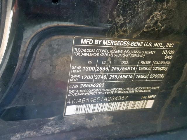 4JGAB54E51A234367 - 2001 MERCEDES-BENZ ML 320 BLACK photo 10