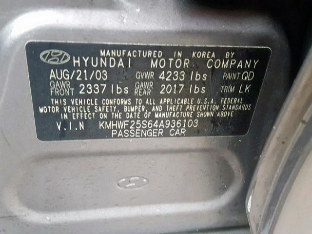 KMHWF25S64A936103 - 2004 HYUNDAI SONATA GL GRAY photo 10