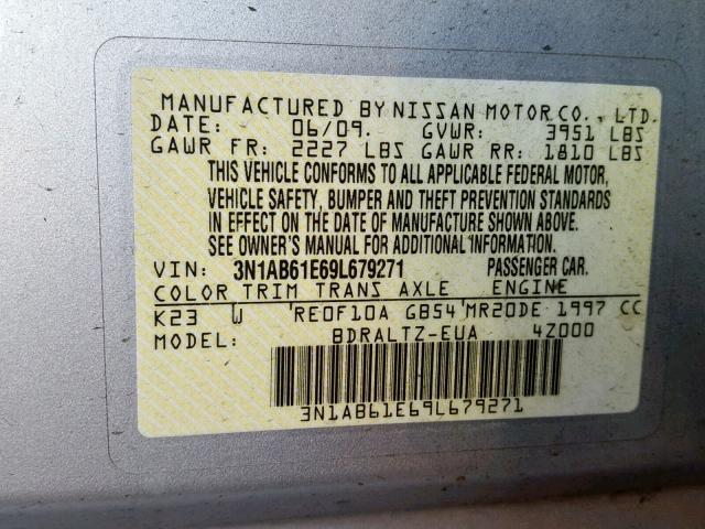 3N1AB61E69L679271 - 2009 NISSAN SENTRA 2.0 SILVER photo 10