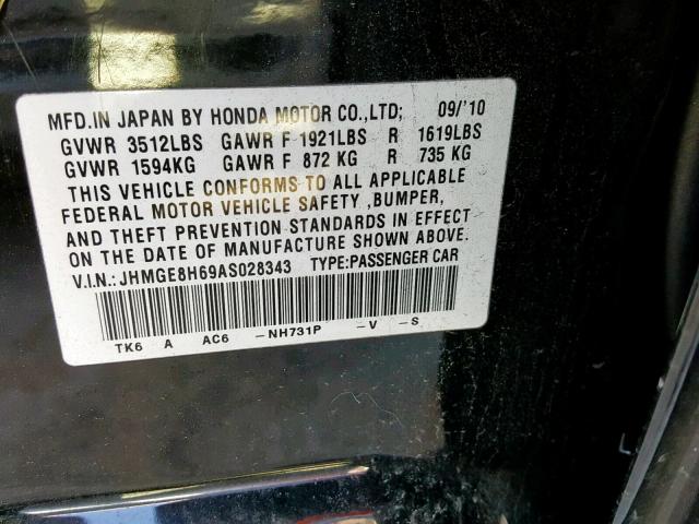 JHMGE8H69AS028343 - 2010 HONDA FIT SPORT BLACK photo 10