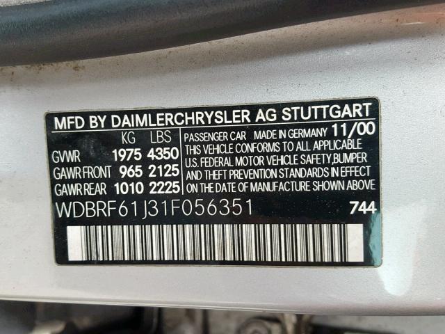 WDBRF61J31F056351 - 2001 MERCEDES-BENZ C 240 SILVER photo 10