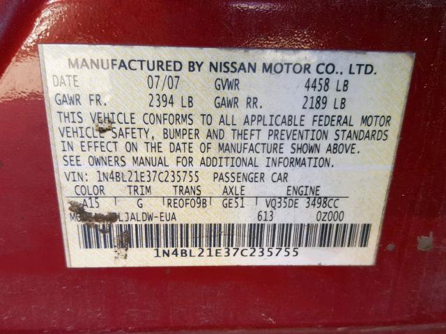 1N4BL21E37C235755 - 2007 NISSAN ALTIMA 3.5 BURGUNDY photo 10