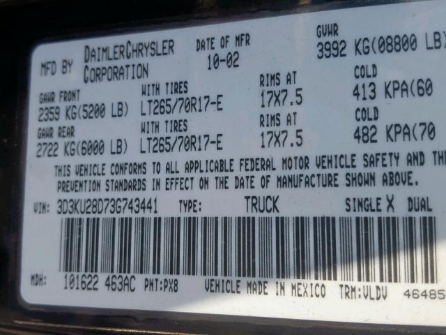 3D3KU28D73G743441 - 2003 DODGE RAM 2500 S Սև լուսանկար 10