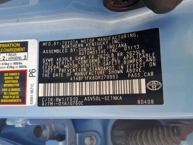 4T4BF1FK6DR279993 - 2013 TOYOTA CAMRY L BLUE photo 10