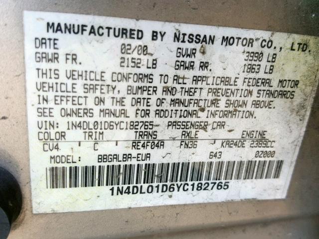 1N4DL01D6YC182765 - 2000 NISSAN ALTIMA XE GOLD photo 10