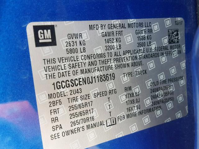 1GCGSCEN0J1183619 - 2018 CHEVROLET COLORADO L BLUE photo 10