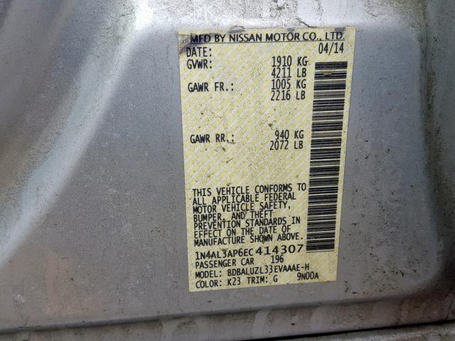 1N4AL3AP6EC414307 - 2014 NISSAN ALTIMA 2.5 SILVER photo 10