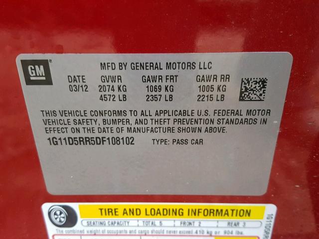 1G11D5RR5DF108102 - 2013 CHEVROLET MALIBU 1LT წითელი ფოტო 10