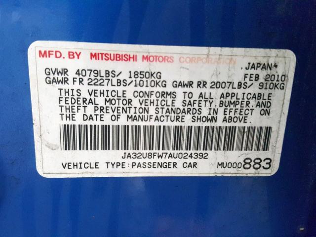 JA32U8FW7AU024392 - 2010 MITSUBISHI LANCER GTS BLUE photo 10