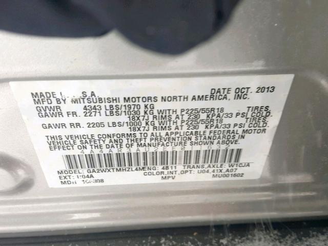 4A4AR3AU2EE011632 - 2014 MITSUBISHI OUTLANDER GRAY photo 10