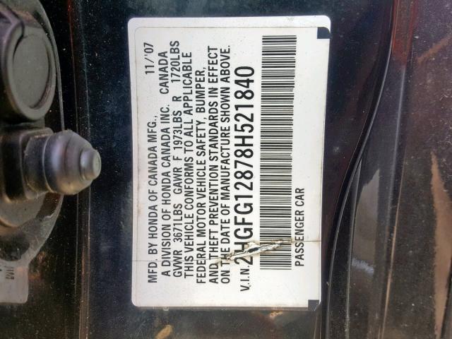 2HGFG12878H521840 - 2008 HONDA CIVIC EX BLACK photo 10