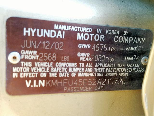 KMHFU45E52A210726 - 2002 HYUNDAI XG 350 GOLD photo 10