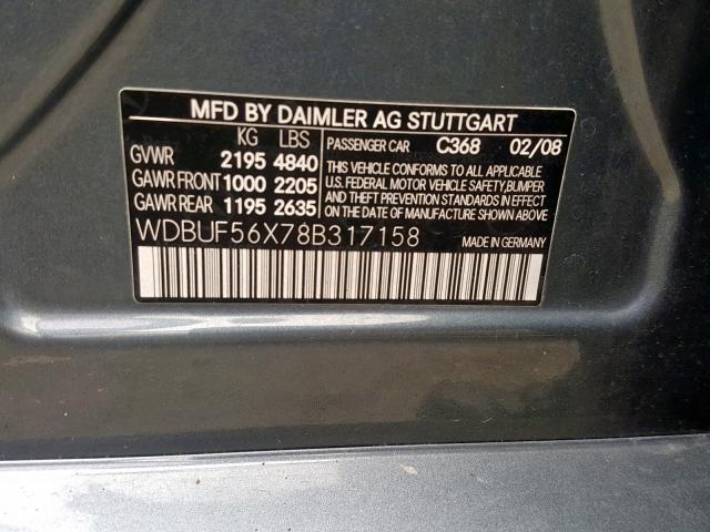 WDBUF56X78B317158 - 2008 MERCEDES-BENZ E 350 GRAY photo 10