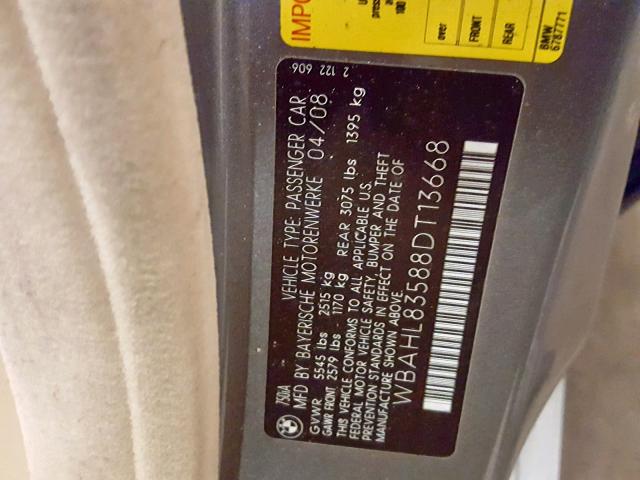 WBAHL83588DT13668 - 2008 BMW 750I GRAY photo 10