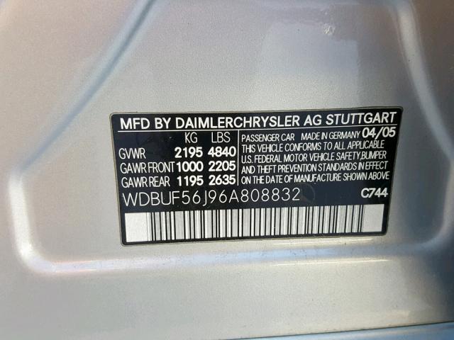 WDBUF56J96A808832 - 2006 MERCEDES-BENZ E 350 SILVER photo 10