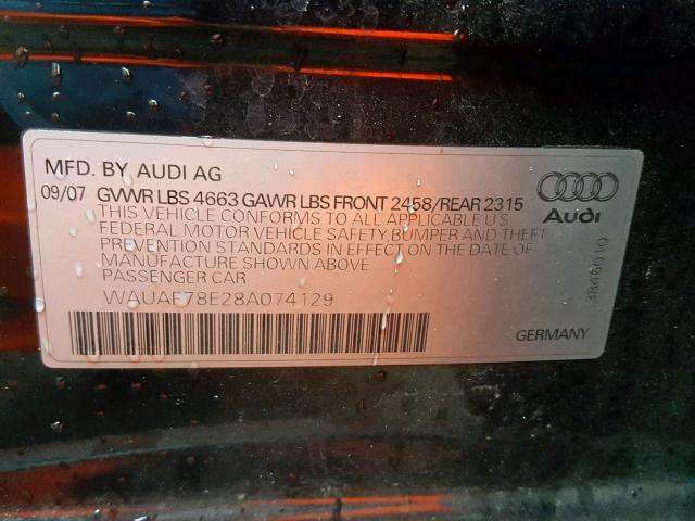 WAUAF78E28A074129 - 2008 AUDI A4 2.0T BLACK photo 10