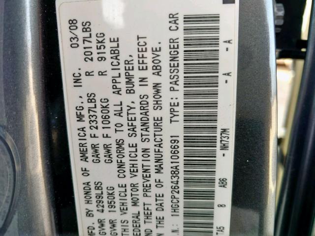 1HGCP26438A106691 - 2008 HONDA ACCORD LXP GRAY photo 10