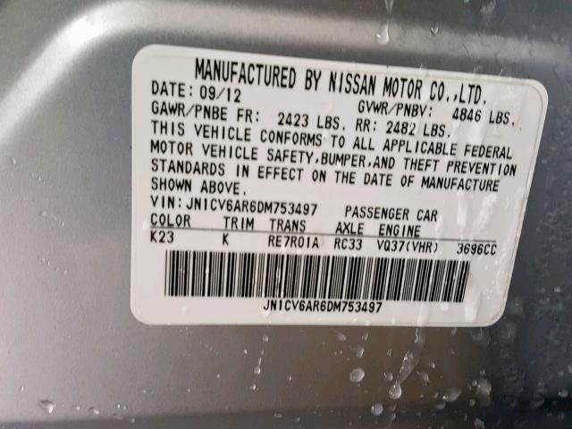 JN1CV6AR6DM753497 - 2013 INFINITI G37 SILVER photo 10