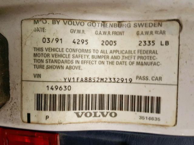 YV1FA8852M2332919 - 1991 VOLVO 740 WHITE photo 10