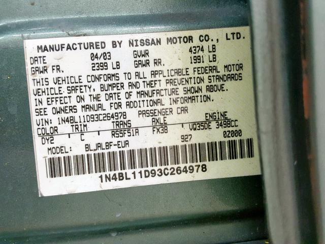 1N4BL11D93C264978 - 2003 NISSAN ALTIMA SE GREEN photo 10