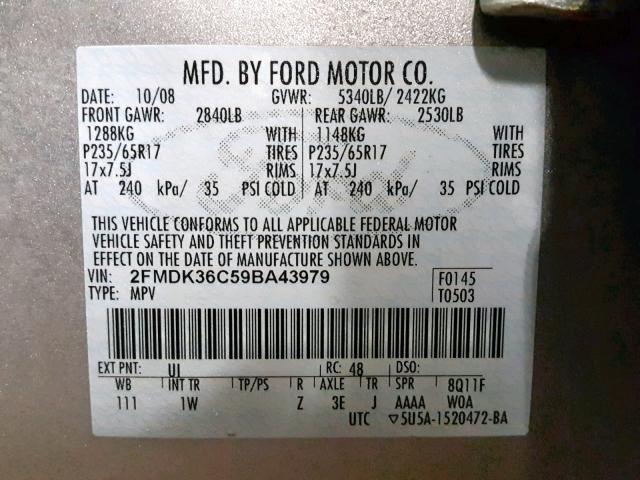 2FMDK36C59BA43979 - 2009 FORD EDGE SE SILVER photo 10