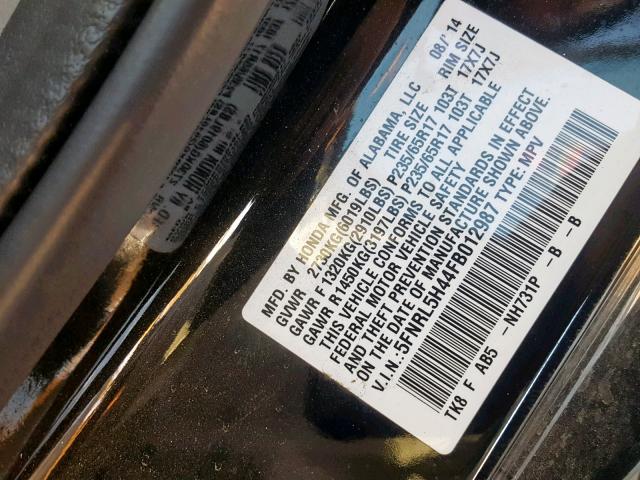 5FNRL5H44FB012987 - 2015 HONDA ODYSSEY EX BLACK photo 10