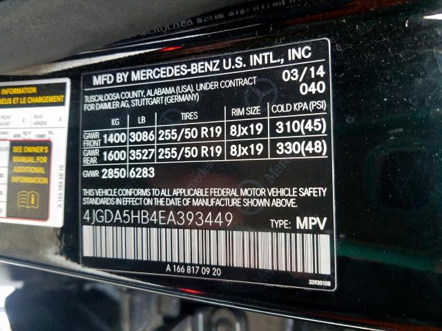 4JGDA5HB4EA393449 - 2014 MERCEDES-BENZ ML 350 4MATIC  photo 10