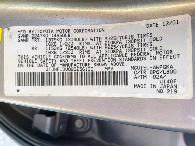 JTJHF10U820256106 - 2002 LEXUS RX 300 SILVER photo 10