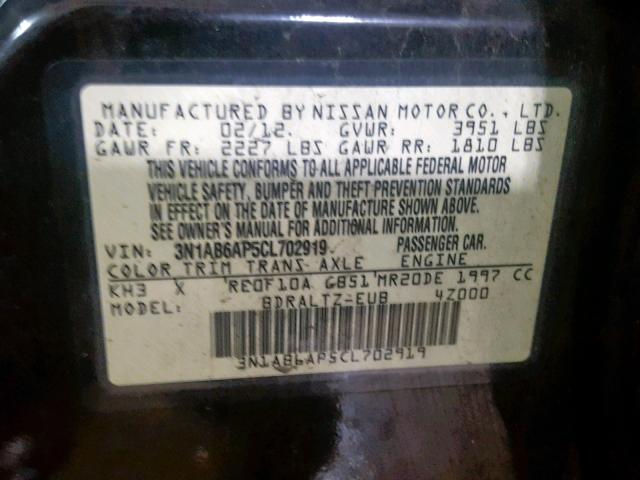 3N1AB6AP5CL702919 - 2012 NISSAN SENTRA 2.0 GRAY photo 10