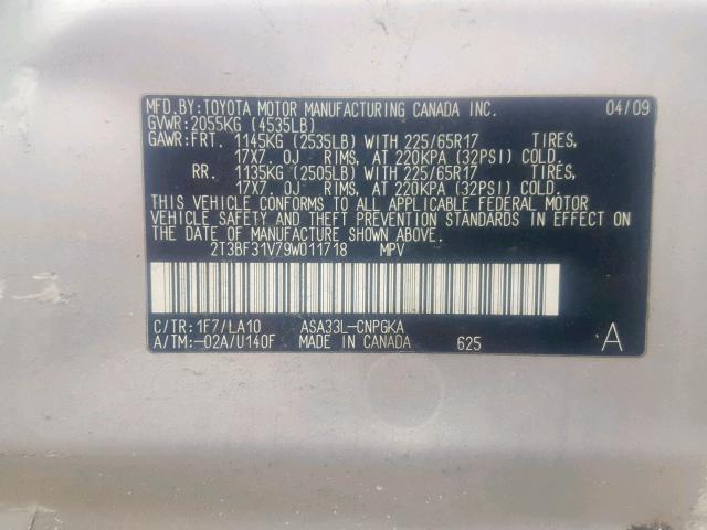 2T3BF31V79W011718 - 2009 TOYOTA RAV4 LIMIT GRAY photo 10