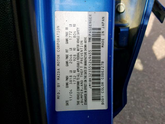 JM1BK323551249455 - 2005 MAZDA 3 S BLUE photo 10