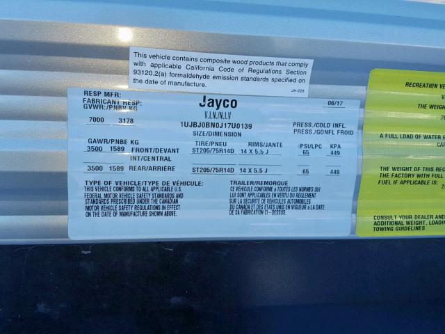 1UJBJ0BN0J17U0139 - 2018 JAYCO JAYFLIGHT  WHITE photo 10