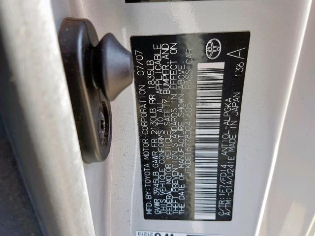 JTKDE167780241605 - 2008 TOYOTA SCION TC SILVER photo 10