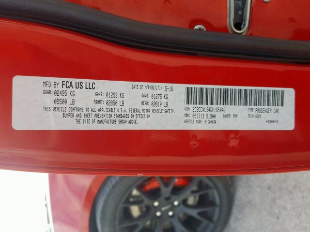 2C3CDXL94GH165046 - 2016 DODGE CHARGER SR RED photo 10