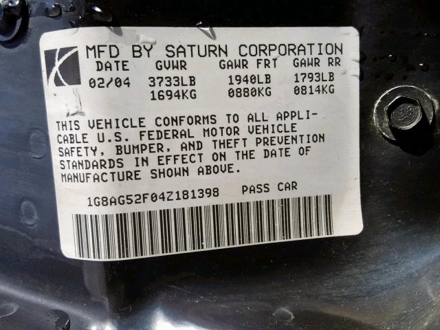 1G8AG52F04Z181398 - 2004 SATURN ION LEVEL BLACK photo 10
