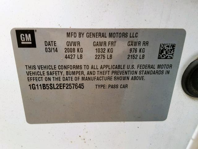 1G11B5SL2EF257645 - 2014 CHEVROLET MALIBU LS WHITE photo 10