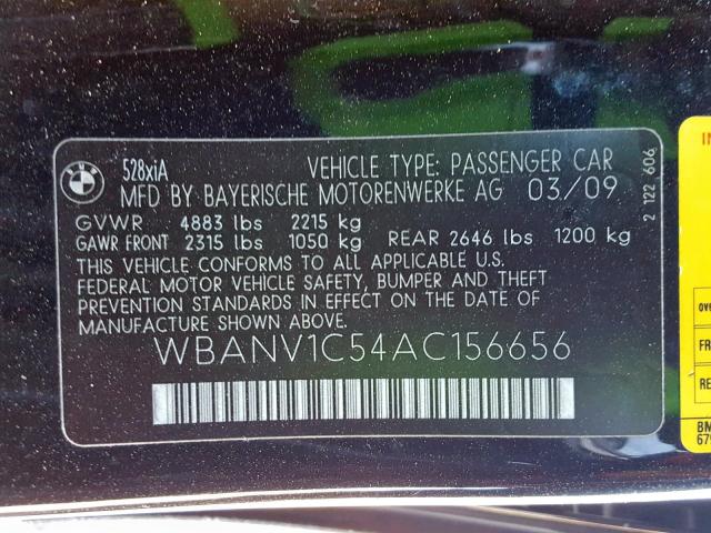 WBANV1C54AC156656 - 2010 BMW 528 XI BLACK photo 10