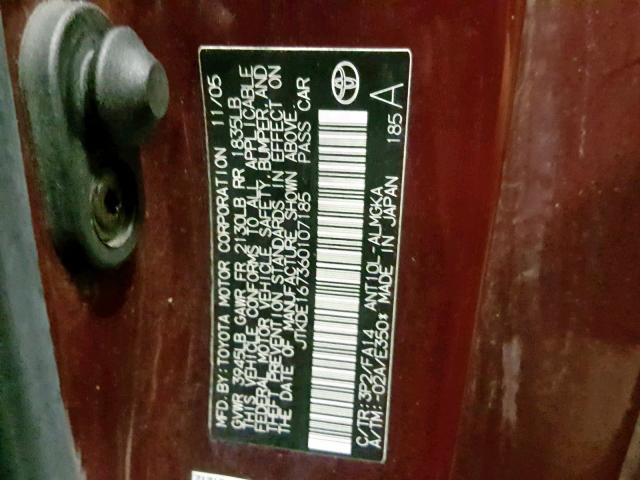 JTKDE167360107185 - 2006 TOYOTA SCION TC MAROON photo 10