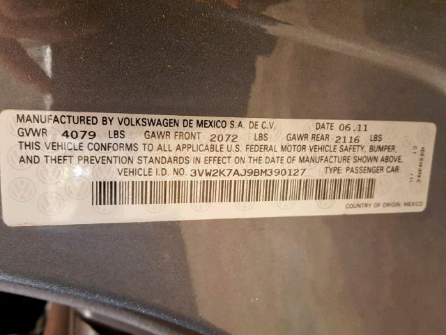 3VW2K7AJ9BM390127 - 2011 VOLKSWAGEN JETTA BASE 灰色 照片 10