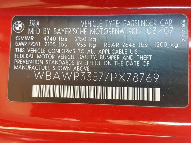 WBAWR33577PX78769 - 2007 BMW 328 I SULE RED photo 10