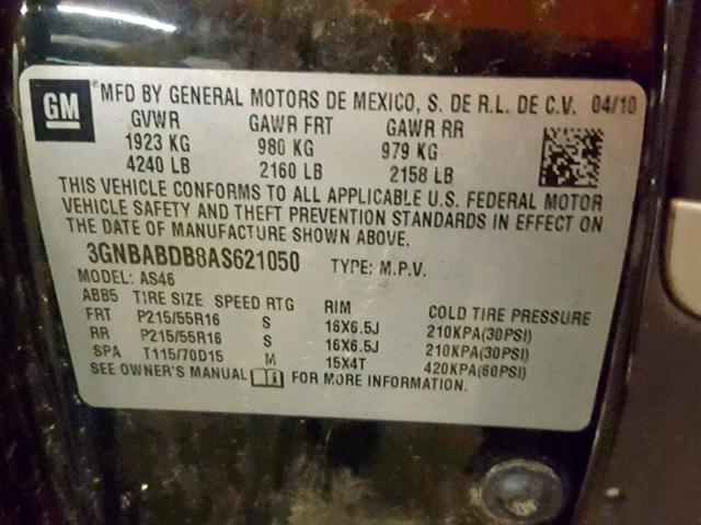 3GNBABDB8AS621050 - 2010 CHEVROLET HHR LT BLACK photo 10