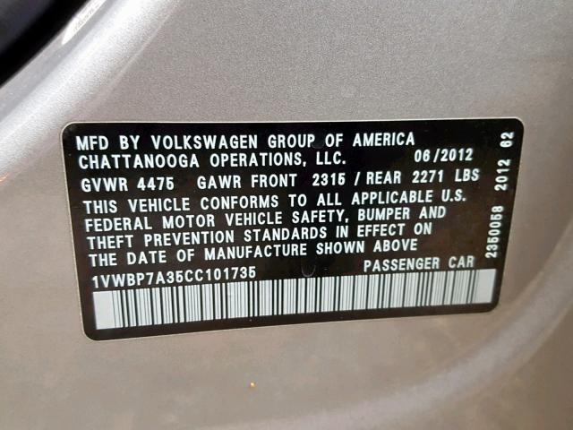 1VWBP7A35CC101735 - 2012 VOLKSWAGEN PASSAT SE SILVER photo 10