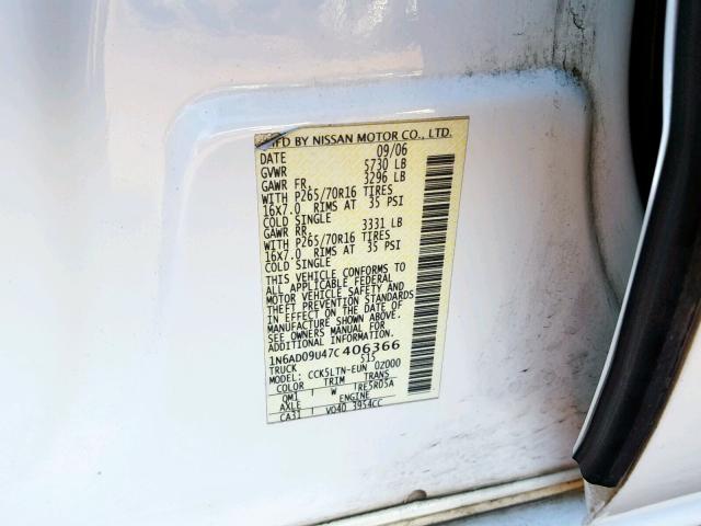 1N6AD09U47C406366 - 2007 NISSAN FRONTIER C WHITE photo 10