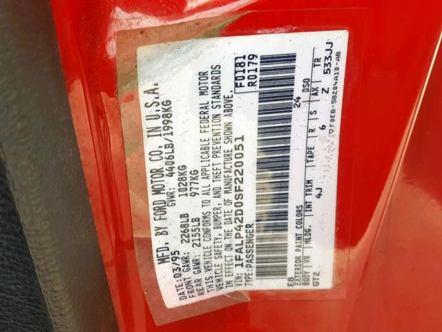 1FALP42D0SF220051 - 1995 FORD MUSTANG CO RED photo 10