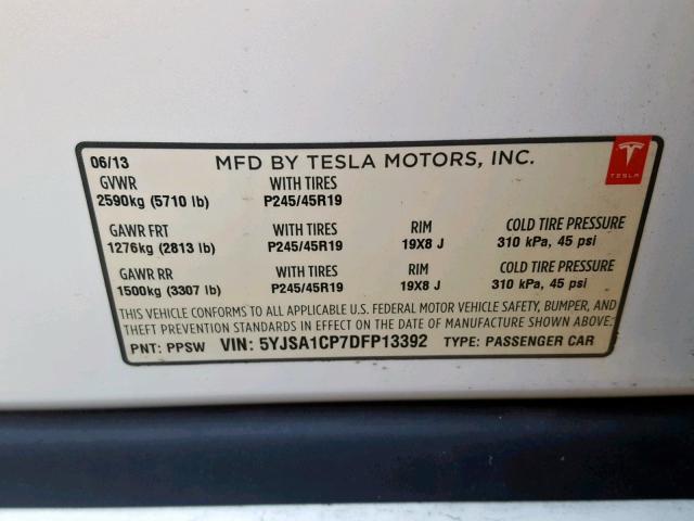 5YJSA1CP7DFP13392 - 2013 TESLA MODEL S WHITE photo 10