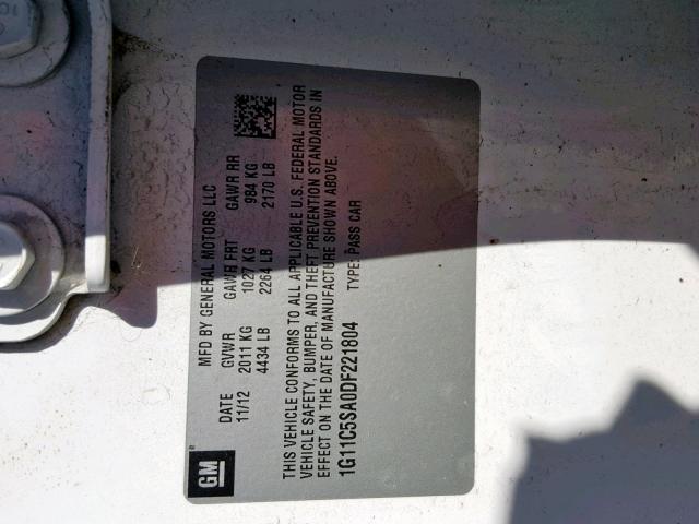 1G11C5SA0DF221804 - 2013 CHEVROLET MALIBU 1LT თეთრი ფოტო 10