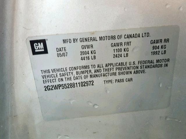 2G2WP552881102972 - 2008 PONTIAC GRAND PRIX SILVER photo 10