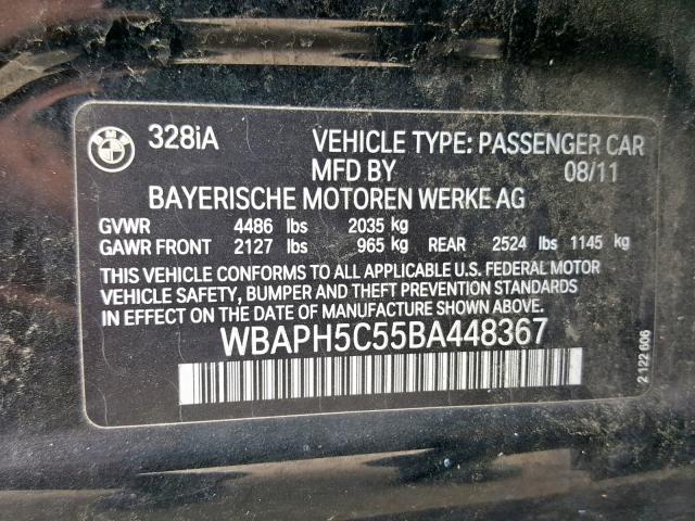 WBAPH5C55BA448367 - 2011 BMW 328 I SULE BLACK photo 10